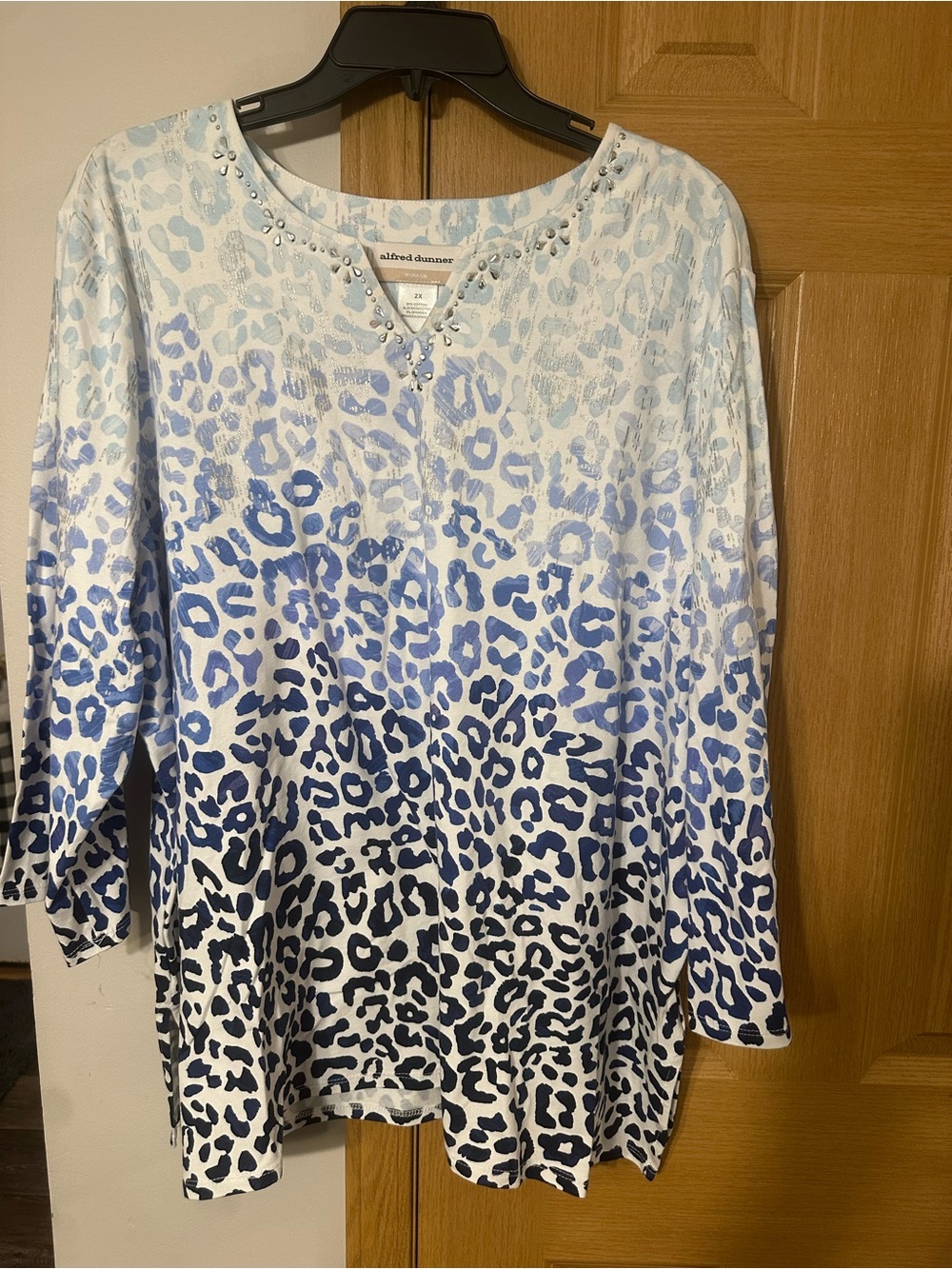 Alfred Dunner Blue & White Ombre Leopard Print Tunic with Embellished Neck